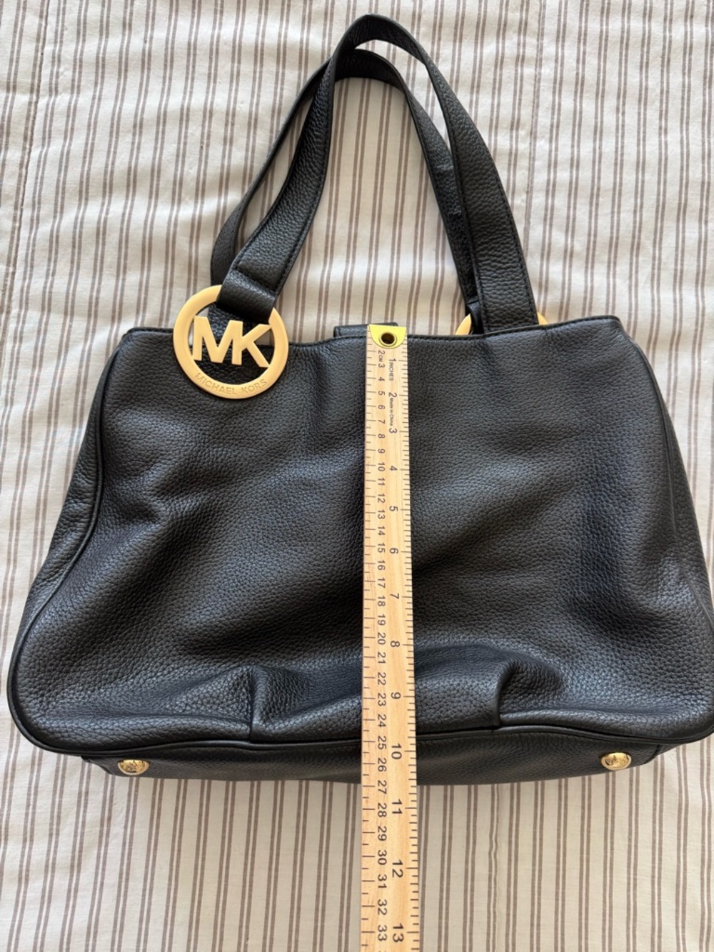 Michael Kors Black Leather Tote with Gold MK Logo Charm - Picture 10 of 13
